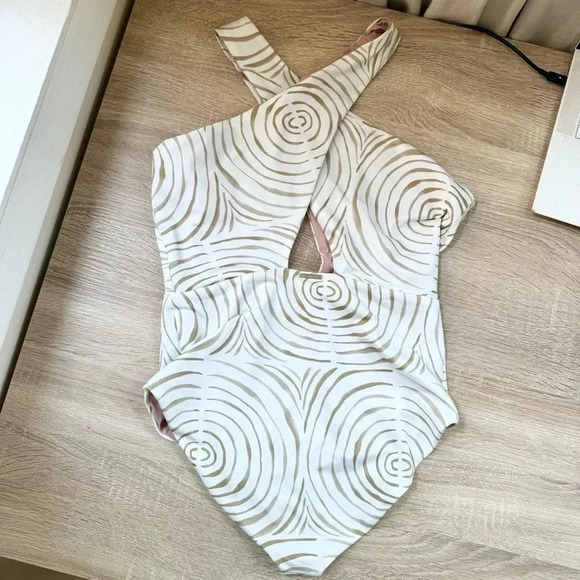 New Cala De La Cruz Susana One Piece Swimsuit Swim Cream Swirl Halter Large - Picture 12 of 16